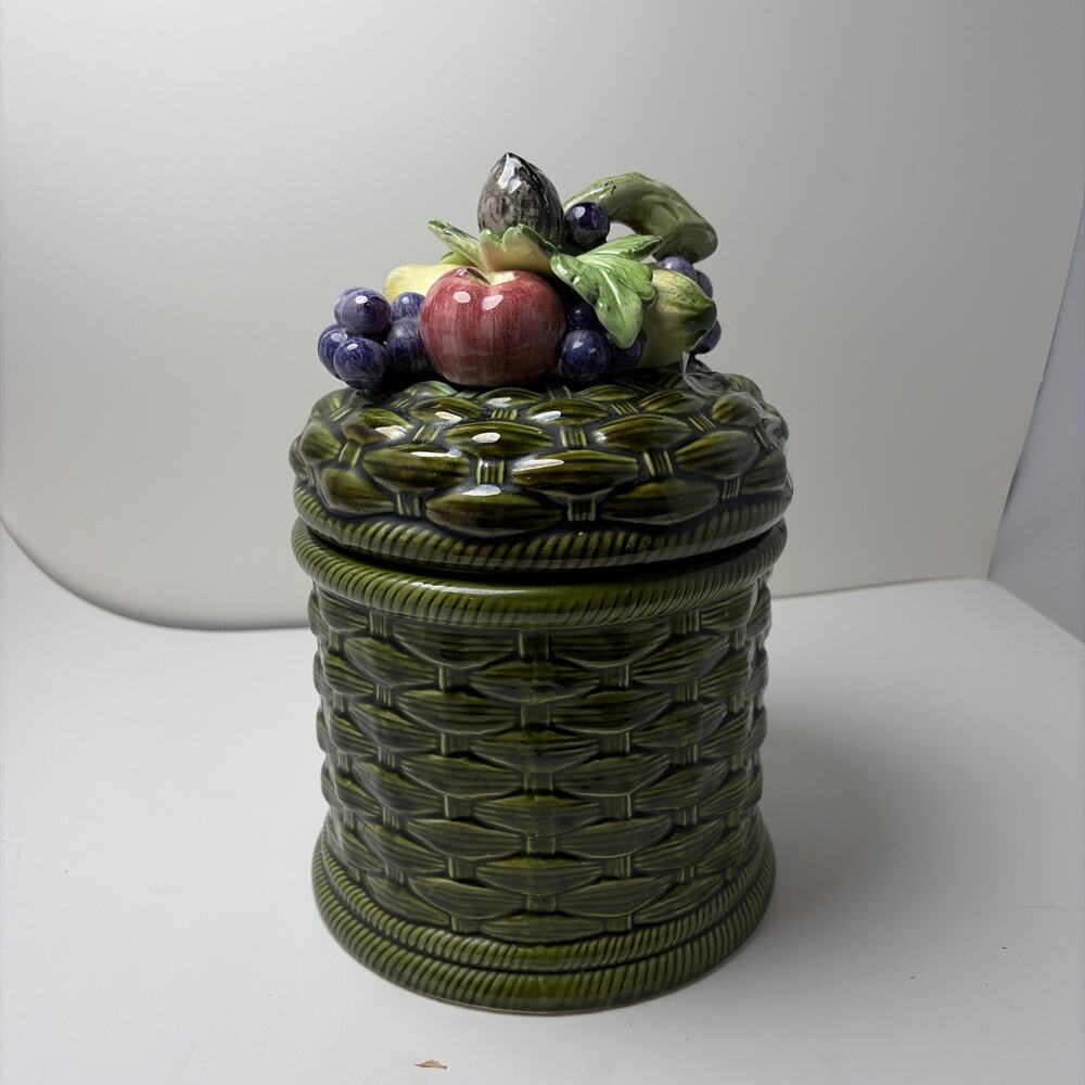 Vintage Green Ceramic Basket Weave Canister/ Cookie Jar Fruit on Lid Japan